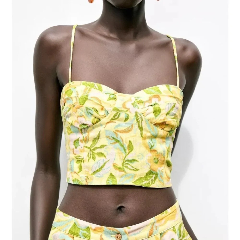 Zara Women Yellow Floral Linen Blend Bustier Crop Top Size Small